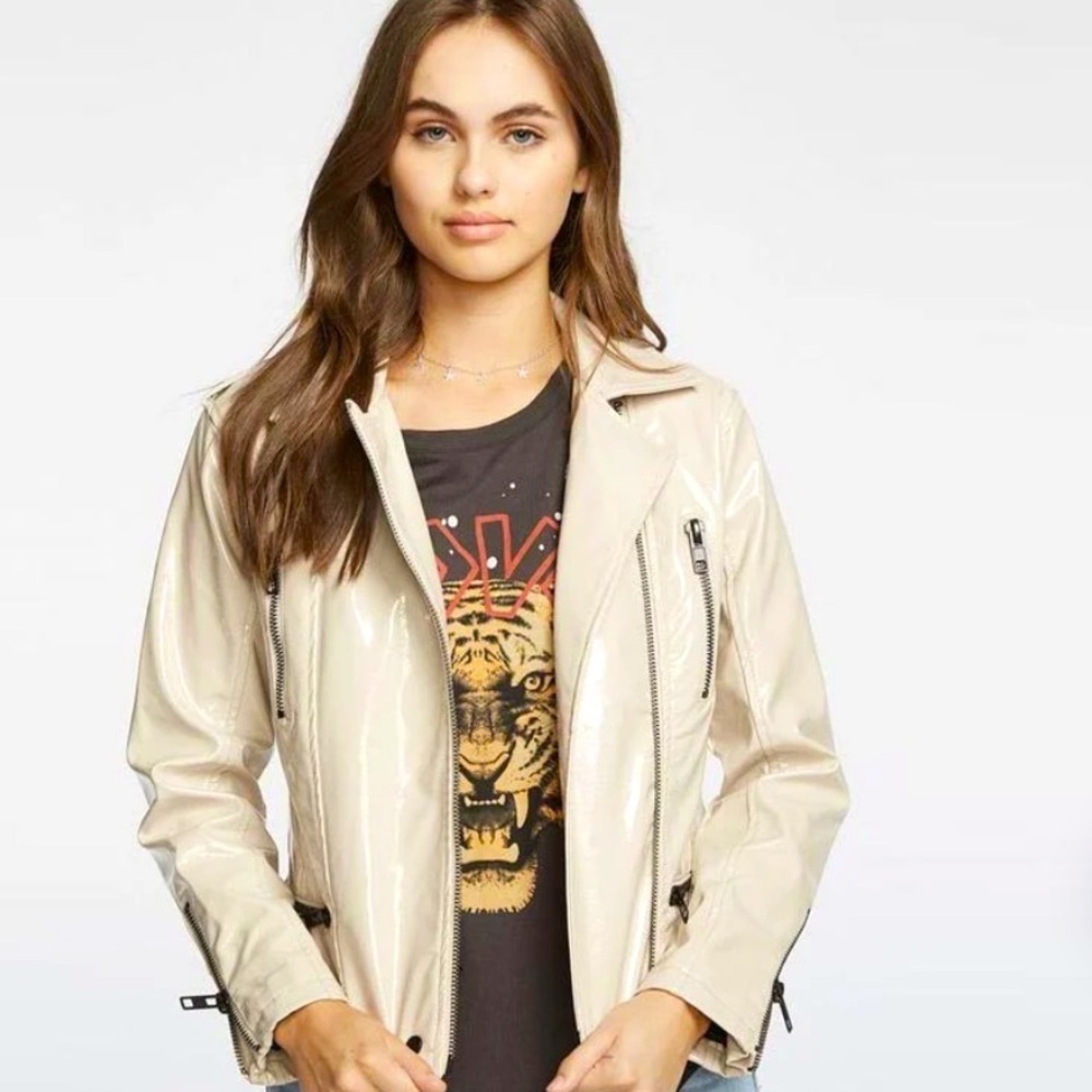Women's CHASER Moto Jacket, Size Large Beige Tan Pleather NWT Zippers